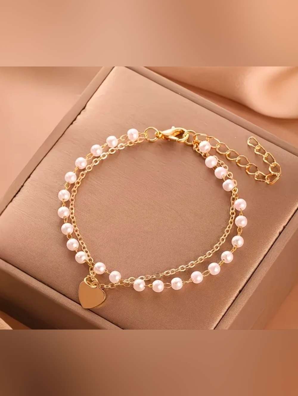 Gold Pearl Double-Chain Bracelet with Heart Charm